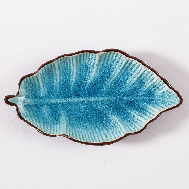 Japonés hielo Crack forma de hoja de cerámica, platos para aperitivos placa bajo esmalte de porcelana de la placa de la cena salsa picante plato de Sushi, torta bandeja: Sky Blue