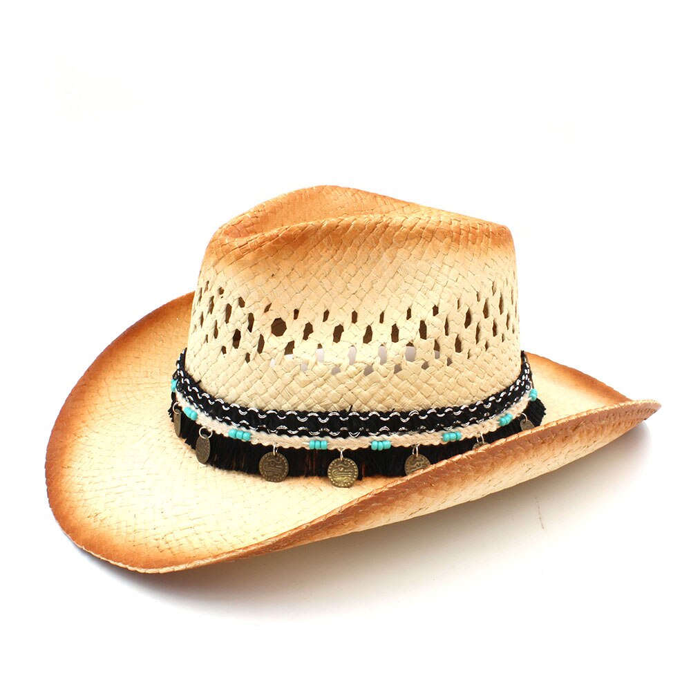100%  dames heren western cowboyhoed met assel lint stro dame vader strand zon sombrero pet mesh cowgirl jazz hoed maat 58cm