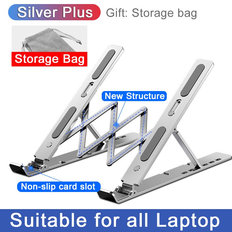 Mini Portable Aluminium Laptop Stand Foldable Notebook Support Laptop Base Macbook Air Pro Ipad Tablet Holder Adjustable Bracket: Silver Plus
