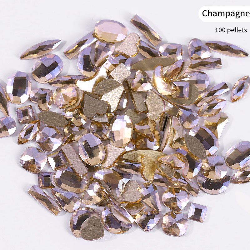Mixed 100Pcs Nail FlatBack Super Glitter Crystal AB Rhinestone Bright Black Nail Art Rhinestones Stone DIY Manicure Decorations: Champagne