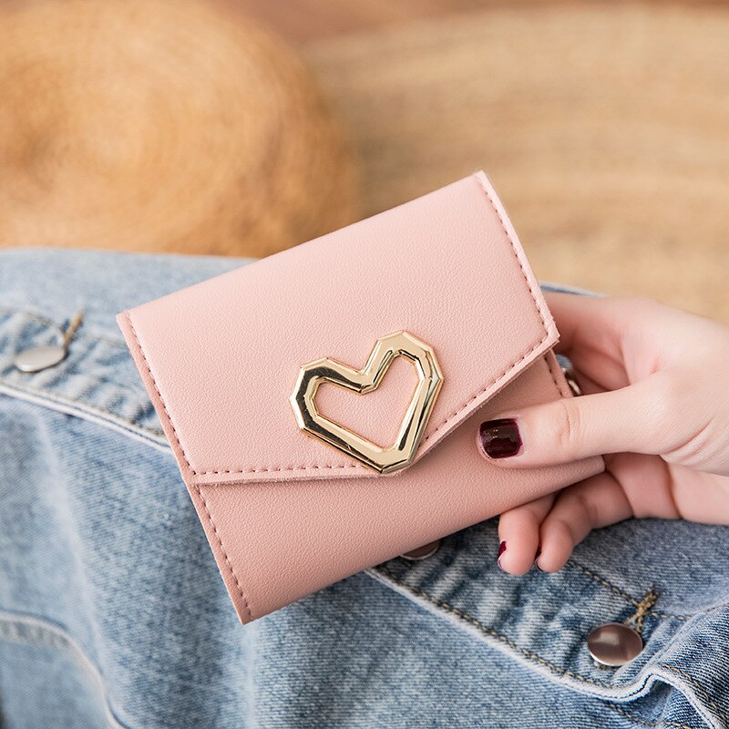 Damen Brieftasche Metall Herz-Geformt Kurze Karte Vintage Koreanische Hipster PU Fall: Rosa