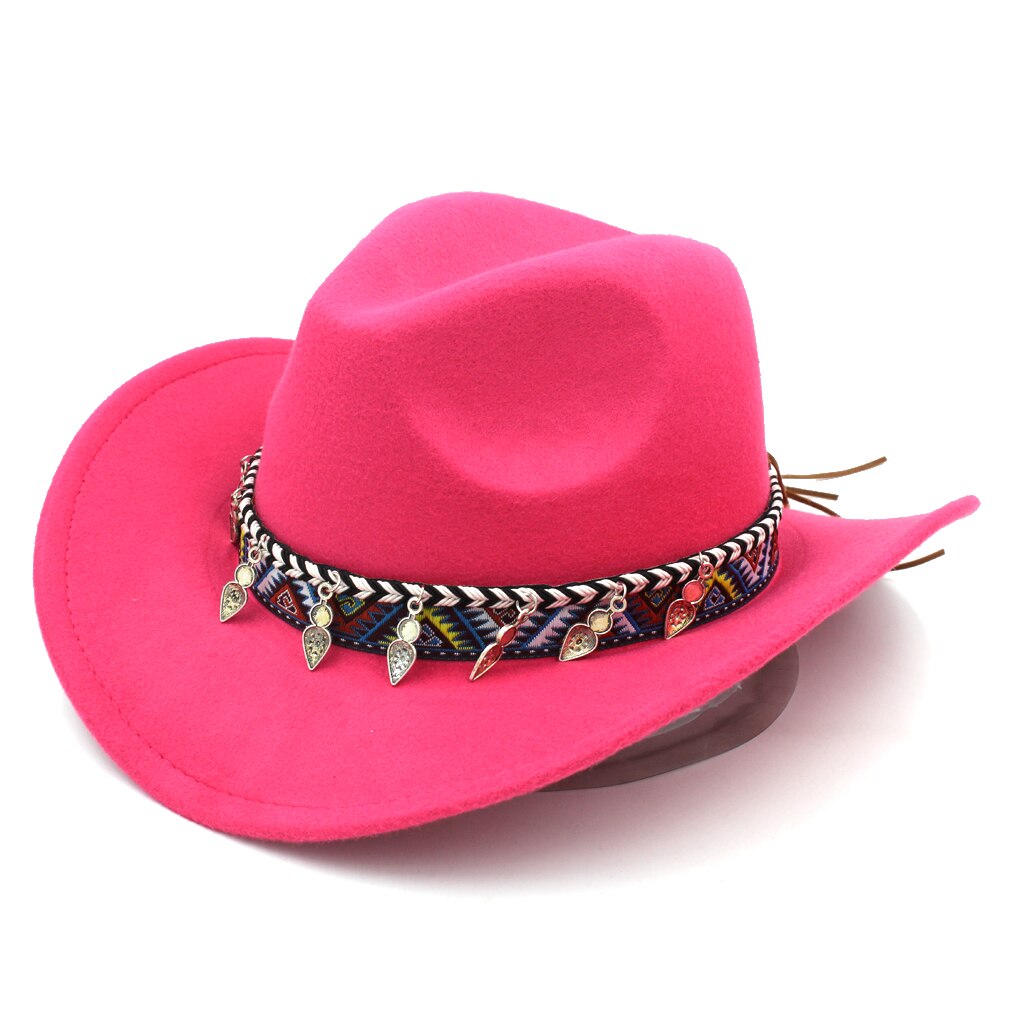 Mistdawn western cowboy hattu cowgirl puku lippis jäykkä lieri naisille miehille monivärinen nauhanauha koko 56-58cm bbh: Ruusunpunainen