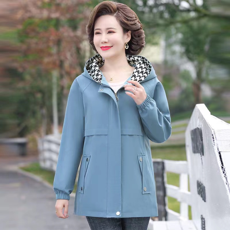 Middle-aged Elderly Women Jacket Spring Hooded Zipper Overcoat Autumn Coats Outerwear Mother Clothes Female Windbreakers 5XL: XXL / black