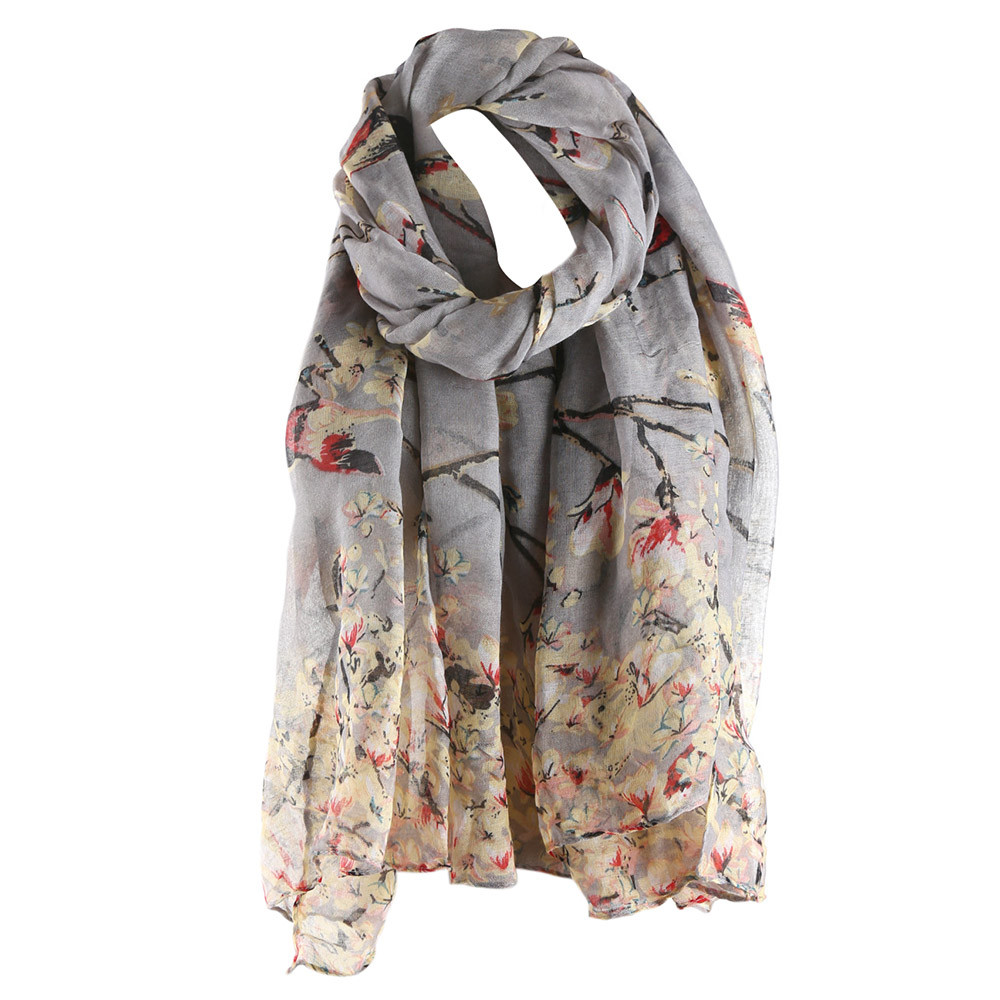 Ladies Scarf Floral Bird Printed Women Long Scarf And Shawl Female Hijab Bufanda Mujer#H15: Gray