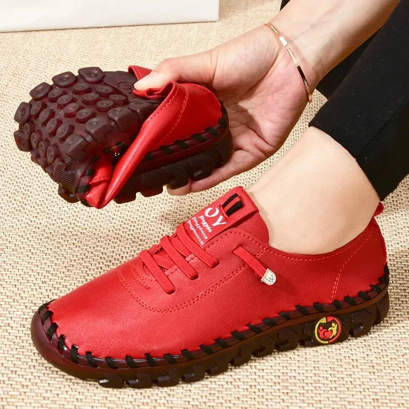 Zapatillas De deporte para Mujer, mocasines De cuero, zapatos cómodos sin cordones, hilo De coser a mano, zapatos para mamá, Zapatillas De Mujer