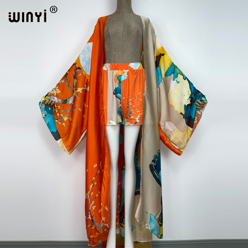 WINYI zwei-stück anzug Boho Gedruckt Über Größe V-ausschnitt langarm Kleid Frauen Seide gefühl Bodenlangen Neue kleid