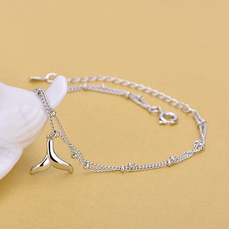 Korean Style 925 Sterling Silver Multi Layer Chain Anklets Fish Tail Charm Anklets Jewelry For