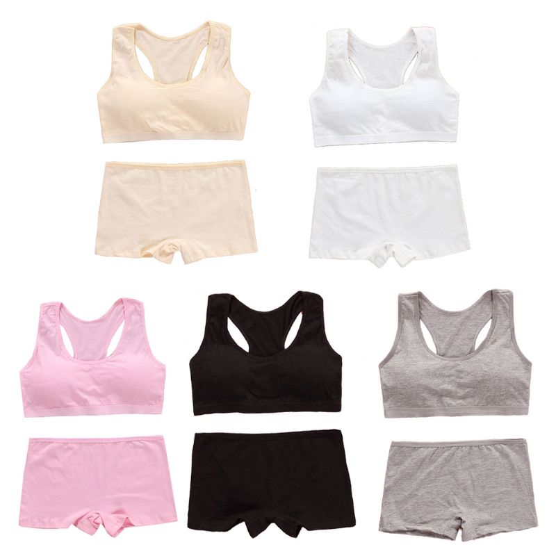 Teens Girls Sports Bra Set Puberty Underwear Cotton Training Bra with Briefs