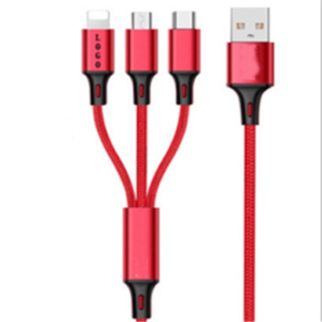 Cargador de coche inalámbrico 3 en 1, Cable de carga rápida, USB Dual para teléfono inteligente, Cable de carga de datos Universal para iPhone, Android, Xiaomi, tipo C: Red cable 1pcs