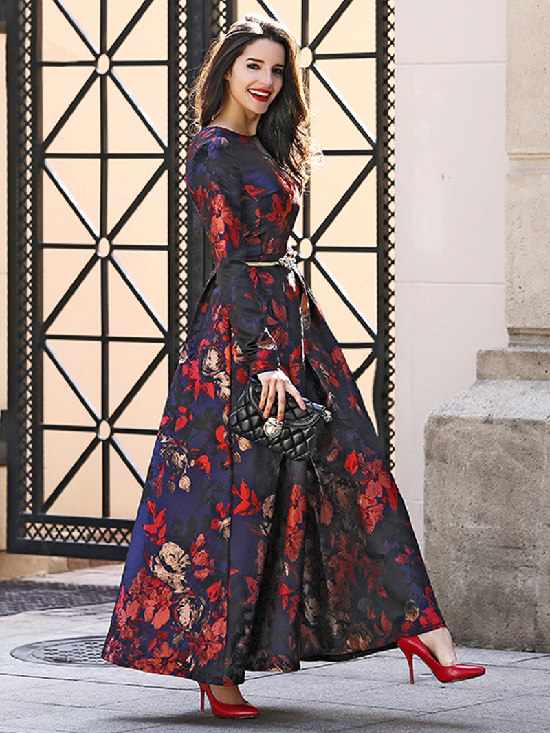 Plus Size Moslim Vrouwen Lange Mouw Lange Maxi Dubai Abaya Jurk Mode Bloemen Jacquard Jurk Fall Vintage S-4XL