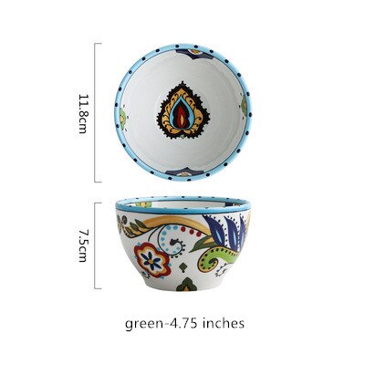 Bohemian Handgeschilderde Keramische Slakom Rijst Ramen Kom Soep Kommen Fruit Thuis Ontbijt Granen Huishoudelijke Keuken Servies: green-4.75inches