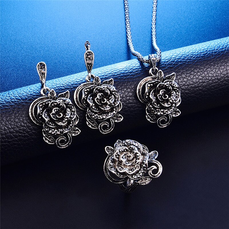 3Pcs Vintage Silver Color Black Crystal Rose Flower Jewelry Sets For Women Wedding Party