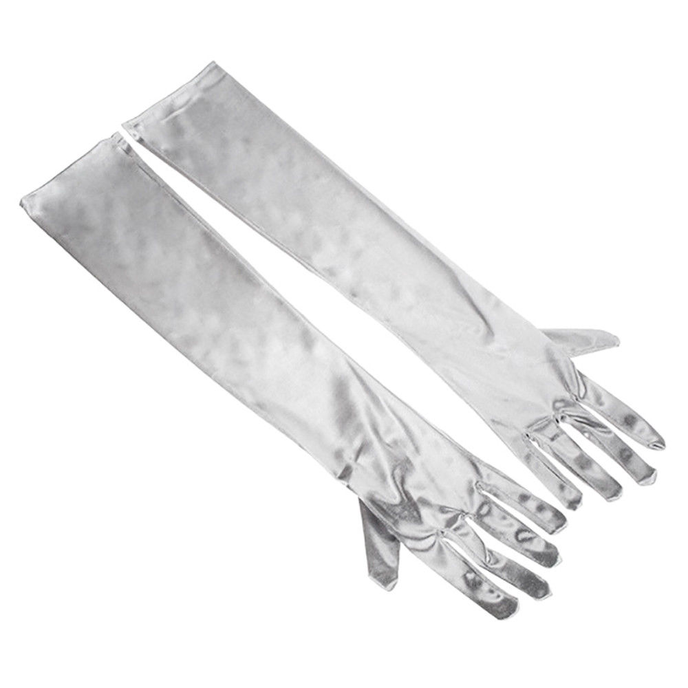 Guantes largos de satén elásticos, lisos, de seda de colores, hasta el codo, de estilo básico para mujer: Plata