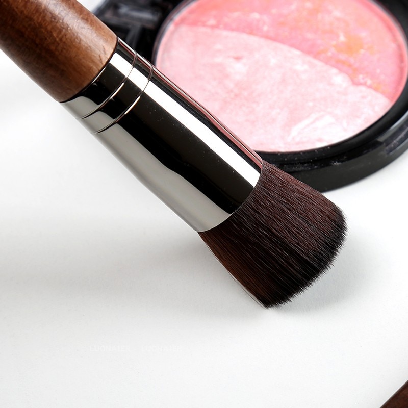 Vintage houten make-up kwastenset met platte kop, vloeibare foundation, magische kwast, mengstapel, geschikt voor schoonheidsproducten