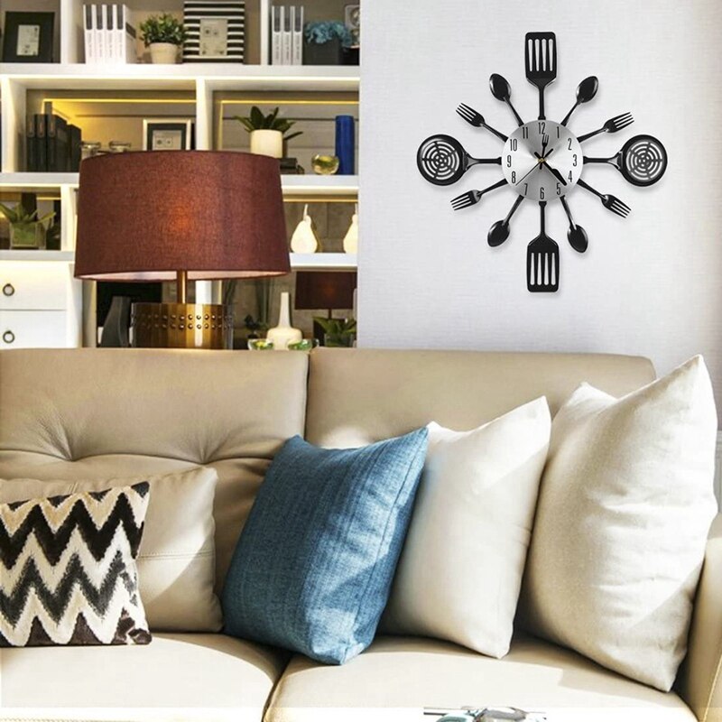 16 Inch Large Kitchen Wall Clocks With Spoons And Forks,3D Tableware Wall Clock Room Home Decoration
