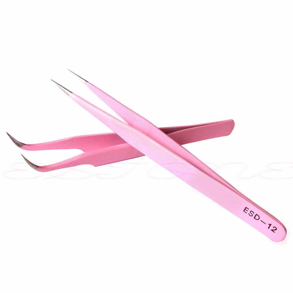 2 Stuks Roze Straight & Gebogen Tweezer Voor Wimper Extensions Nail Art Tangen
