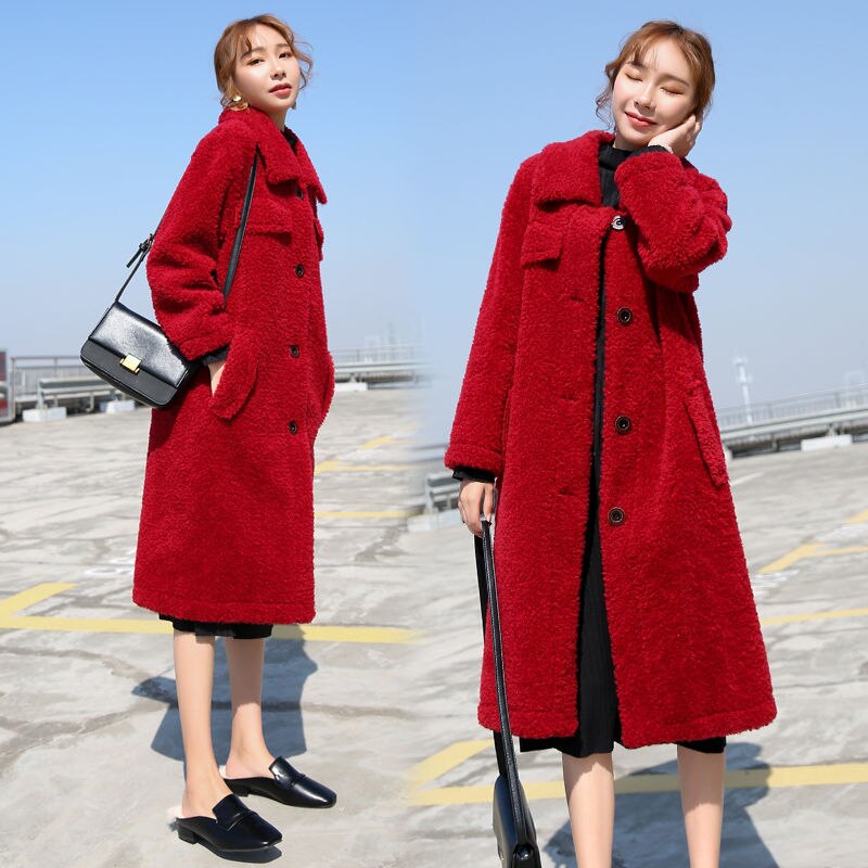 Vangull imitatiebont lange jassen winter casual dames warme lamswol katoenen effen jas plus fluweel dikke bovenkleding: Rood / Ik