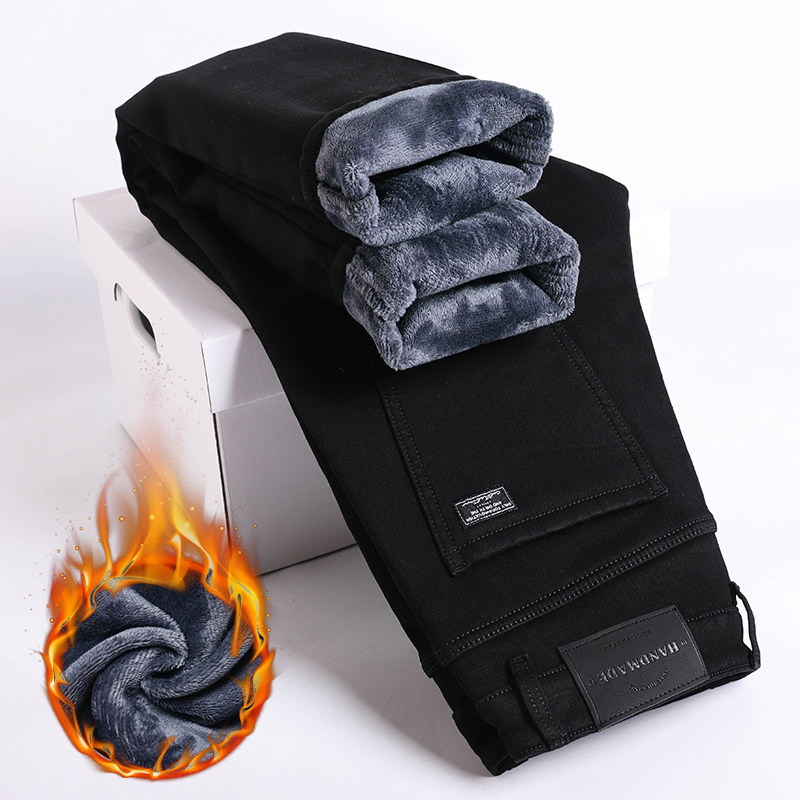 Winter Fleece Thick Warm Jeans Men's Slim Straight Elastic Denim Pants Casual Male Clothing Plush Trousers