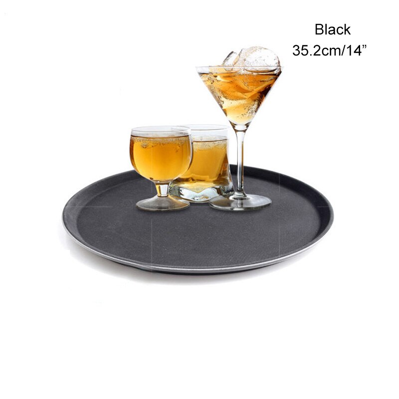 1pc rund plastbricka restaurang serveringsfat fodrad halkfri bricka kaffedrinkbricka snabbmat servera rätter barverktyg: Svart 14 tum