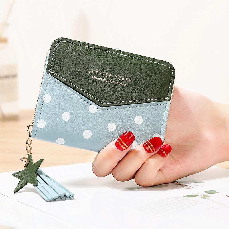 Korte Portemonnees Dame Portemonnee Kwasten Rits Vrouwen Dots Wallet Bag Kaarten Id Houder Meisjes Portefeuilles Geldzakken Notecase Pocket Poucht: Green