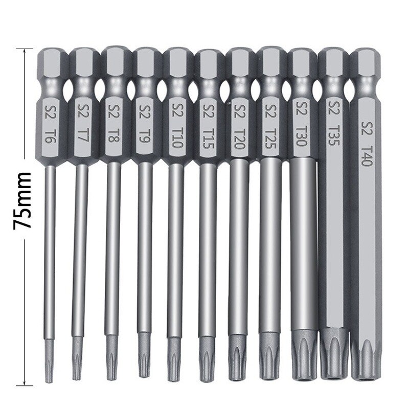 11Pcs 12Pc 50/75/100mm Security Bit Set Tamper Proof Screwdriver Drill Bit Screw Driver Bits Torx Flat Head 1/4" Hex Driver Bits: 11Pcs-75mm