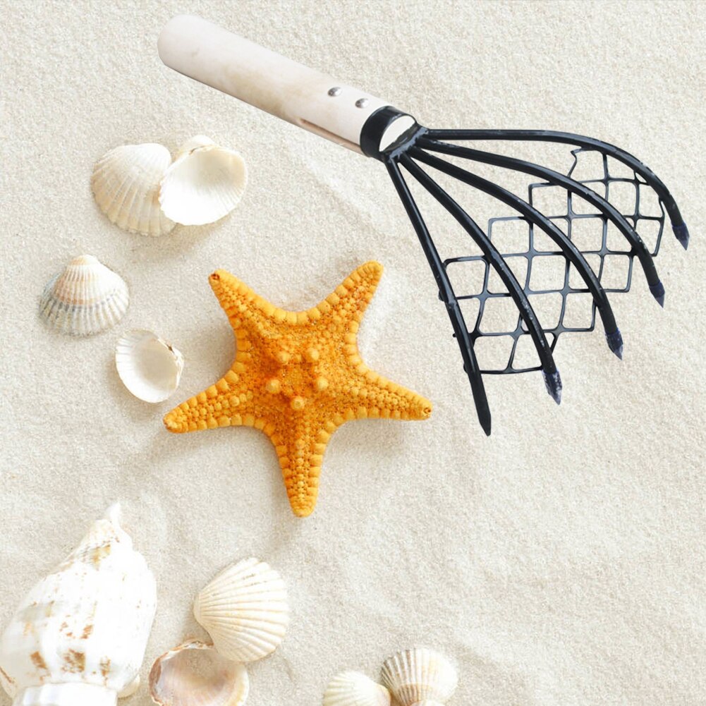 Clam Rake With Net Dig Seafood Conch 5 Claw Clam Rake Home Weeding Farming Tool Wood Handle Pitchfork 5-Tine Shell Digging Tool