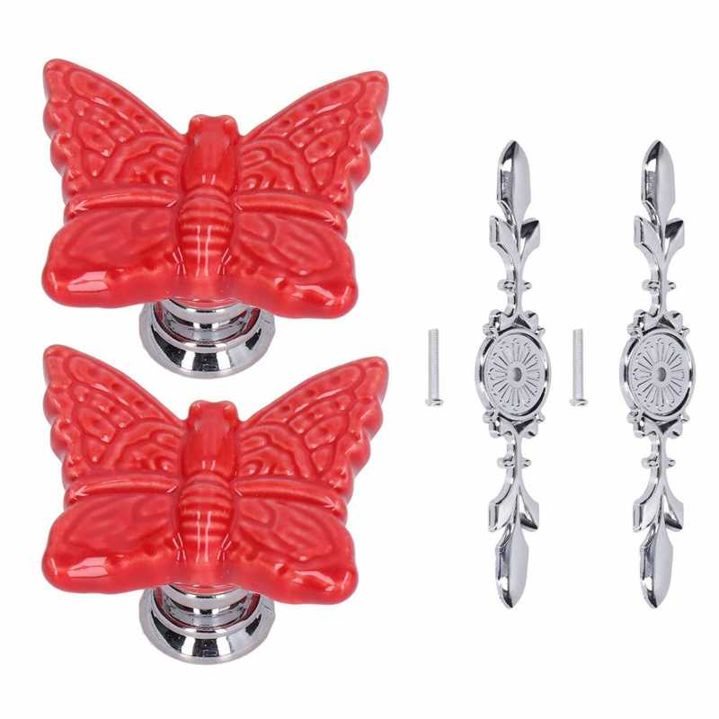 Drawer Knob Wardrobe Knob 2Set Wear Resistant for Furniture Decoration for Kitchen: 1077D Red Butterfly