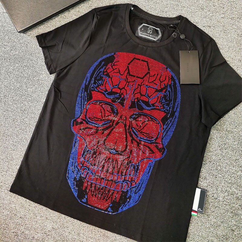 pp T-shirt Men Round Neck Short-Sleeved Men Shirt Hip-Hop Rock Skull T-shirt Plein 3D Printed Brand Short Sleeves: M