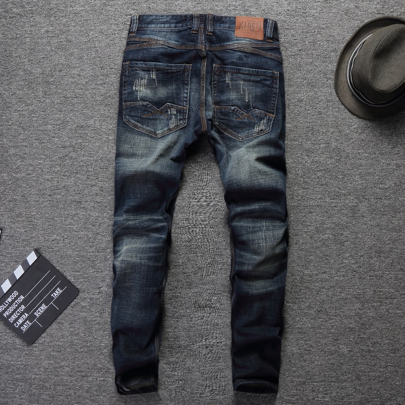 Vintage Men Jeans Slim Fit Cotton Denim Pants Ripped Jeans For Men Wild Classical Jeans homme Size 28-38