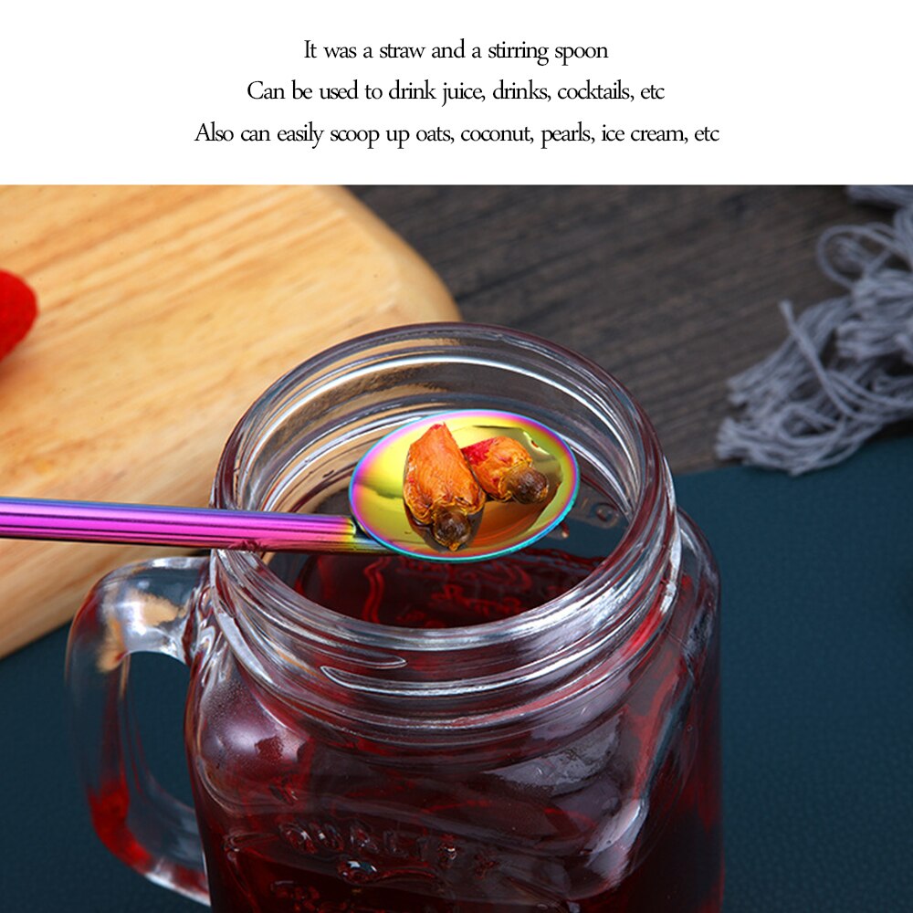portable 304 stainless steel Straw+Spoon drinking straw milk tea cold drink coarse straw metal cup iron straw for bars/restauran