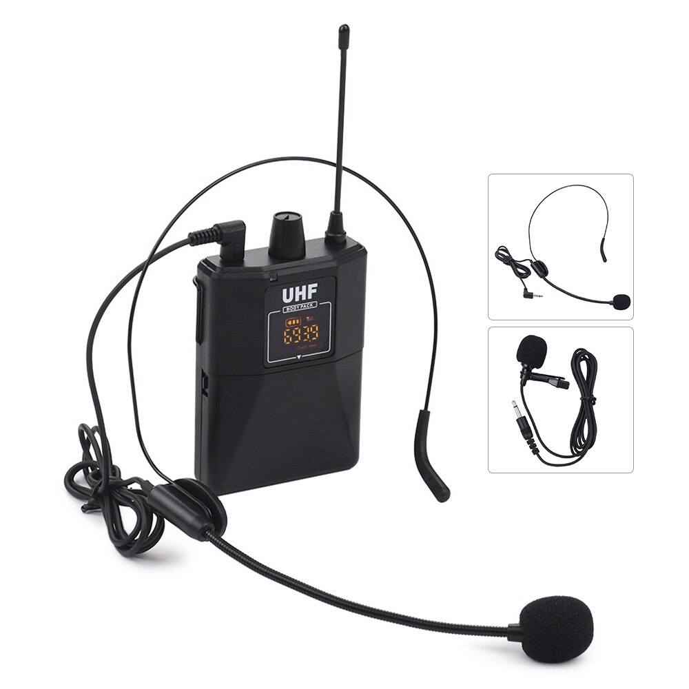 UHF Dual-Frequency Wireless Microphones Set with 1 Receiver 1 Transmitter 1 Lavalier Mic 1 Headset Mic for Teaching Meeting Live