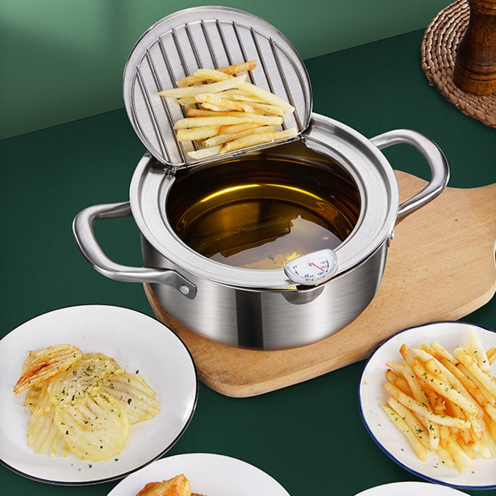 Deep Frying Pot Tempura Frying Pot Stainless Steel Deep Fryer with Thermometer Fried Chicken Pot Cooking Tools Kitchen Accessory