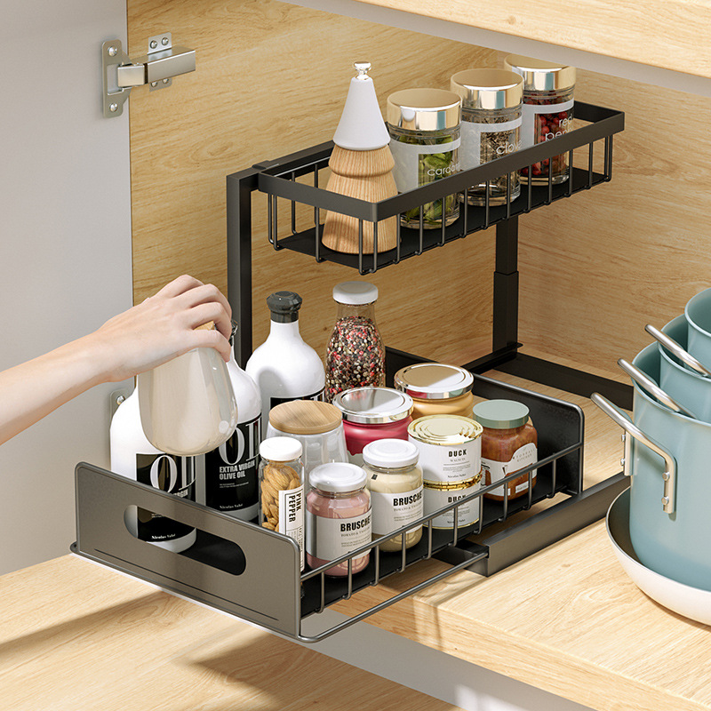 2-Tier Uittrekbare Onder Gootsteen Organisator Plank Kast Uitschuifbare Rek Keuken Aanrecht Uittrekbare Opslag Onder Gootsteen Schuifplank