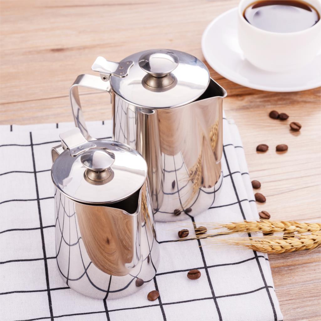 Rustfrit stål kaffekop mælkeskummende kande kande drypfri tud krus med låg flødekande kop til hjemmet cafe bar  (350 ml、 600ml)