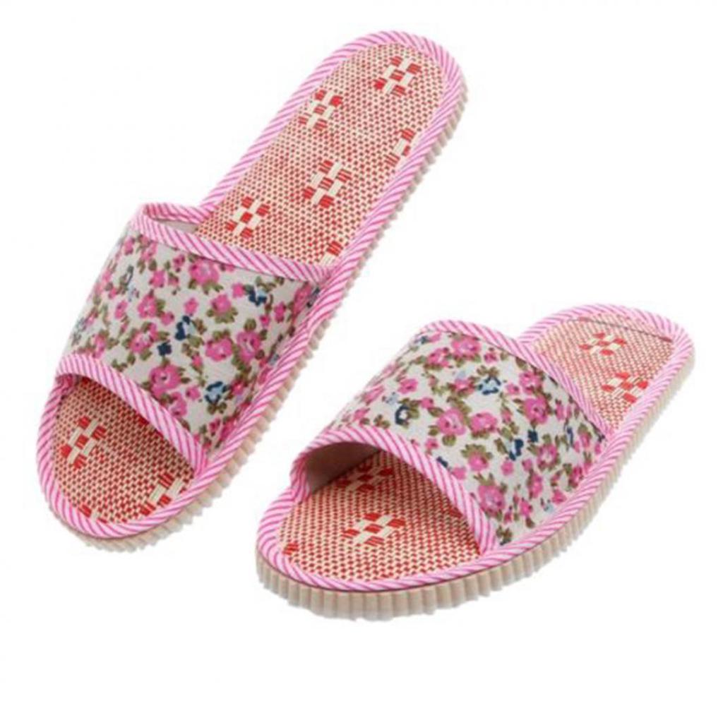 Kleine Bloemen Linnen Stro Mat Thuis Sandalen En Slippers Indoor Vloer Mannen En Vrouwen Paar Thuis Opening Slippers: pink