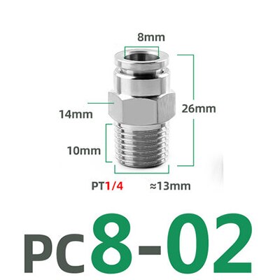 PC 1/8" 1/4" 3/8" 1/2" BSP external thread 304 stainless steel pipe pneumatic quick coupling trachea hose quick coupling: PC8-02