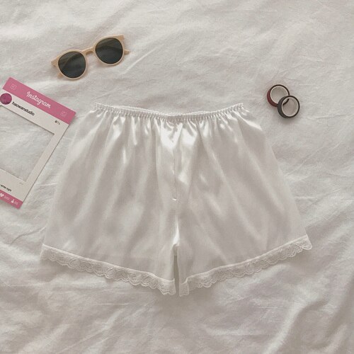 Sleep Bottoms Women Lace Solid Pajama Shorts Girls Summer Sleepwear Breathable Safety Outwear Sweet Students Thin Lounge Wear: white-small lace