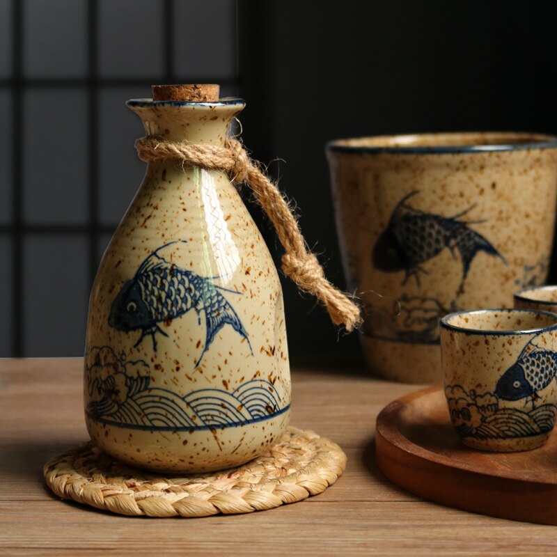 Japansk årgang keramisk sake separator hvit gul vin sprit brennevin gryte flagon husholdning håndlaget vintøy