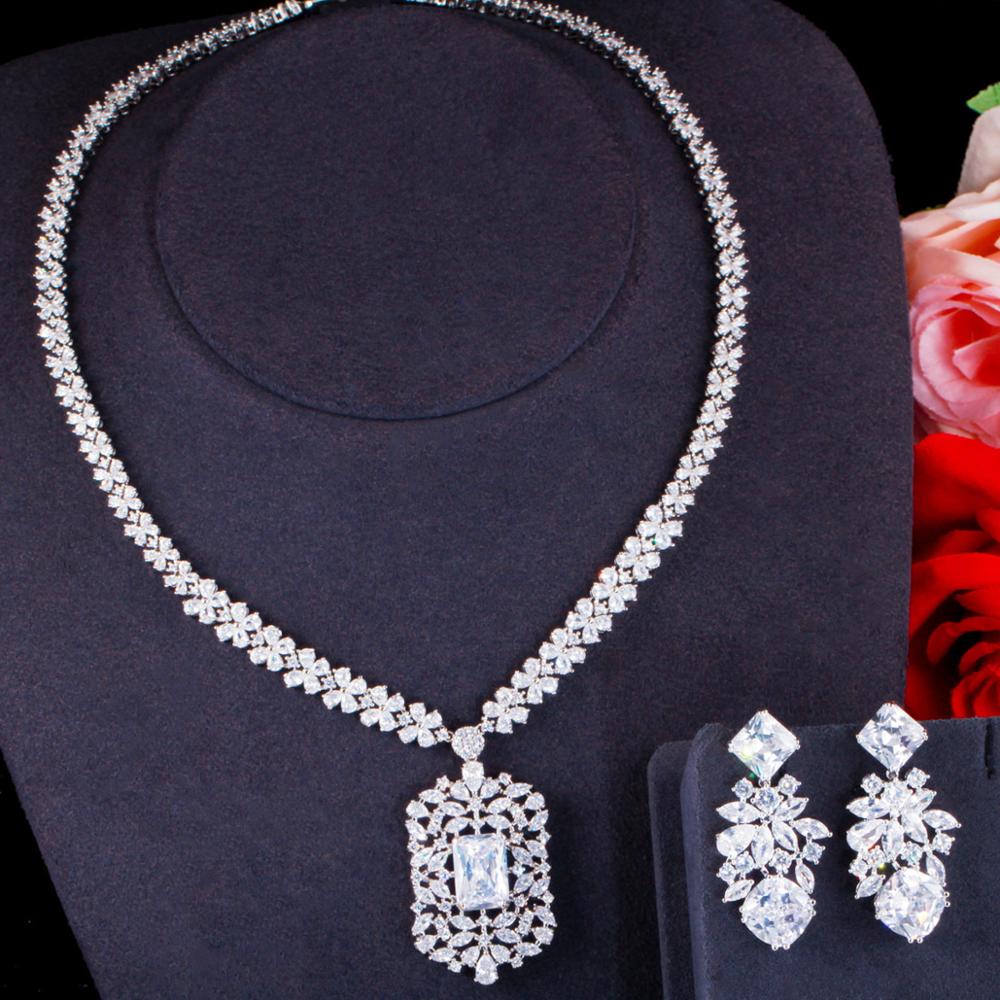 Pera Vintage Shiny Red CZ Kristall Große Blume Ohrringe und Halskette Luxus Hochzeit Schmuck Sets für Frauen Zubehör J402: White