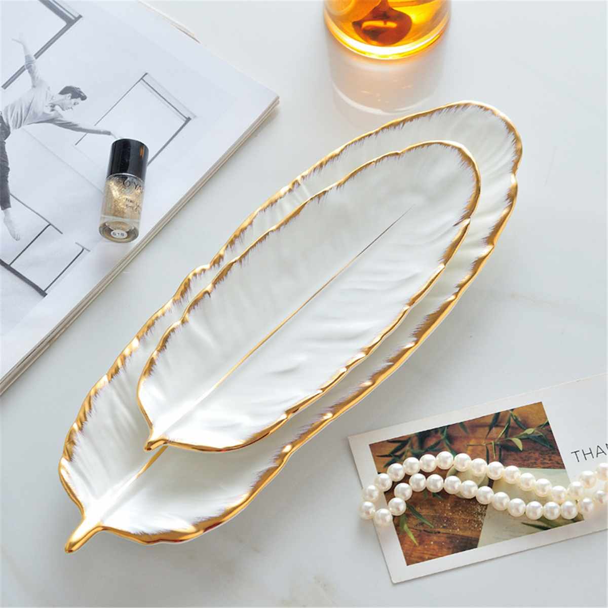 Leaf Shape Ceramic Plate Gold Porcelain Fruit Dessert Jewelry Plates Dish Dinnerware Sushi Tableware Feather Storage Tray