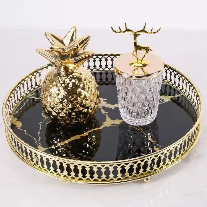 Shiny gold plated Round Serving Tray Jewelry Storage Luxury Marble Home Decoration Organizer Display
