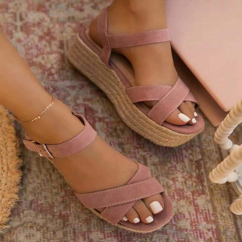 YUKE Femmes Compensée Boucle Moyen Talons Hauts Dames Décontracté Solide Chaussures À Bout Ouvert Confortable En Cuir PU Jaune Sandales