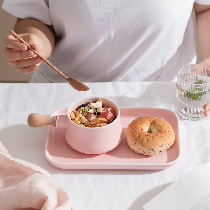 Rosa Grau Keramik Milch Schüssel mit Holz griff Porzellan Platte Tablett Platte Kreative Gericht Nachspeisen Platte Geschirr Frühstück einstellen