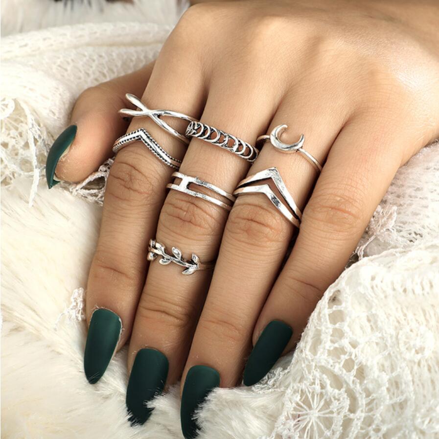 Ringe sæt vintage ringe hjerte blade punk fingerringe vintage sølvfarvet midi ringe til kvinder smykker: Default Title