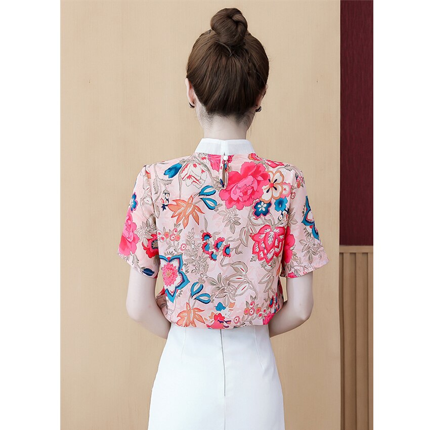 Ropa tradicional china Vintage para mujer, Cheongsam Floral de manga corta, Tops de cuello alto, blusa de boda