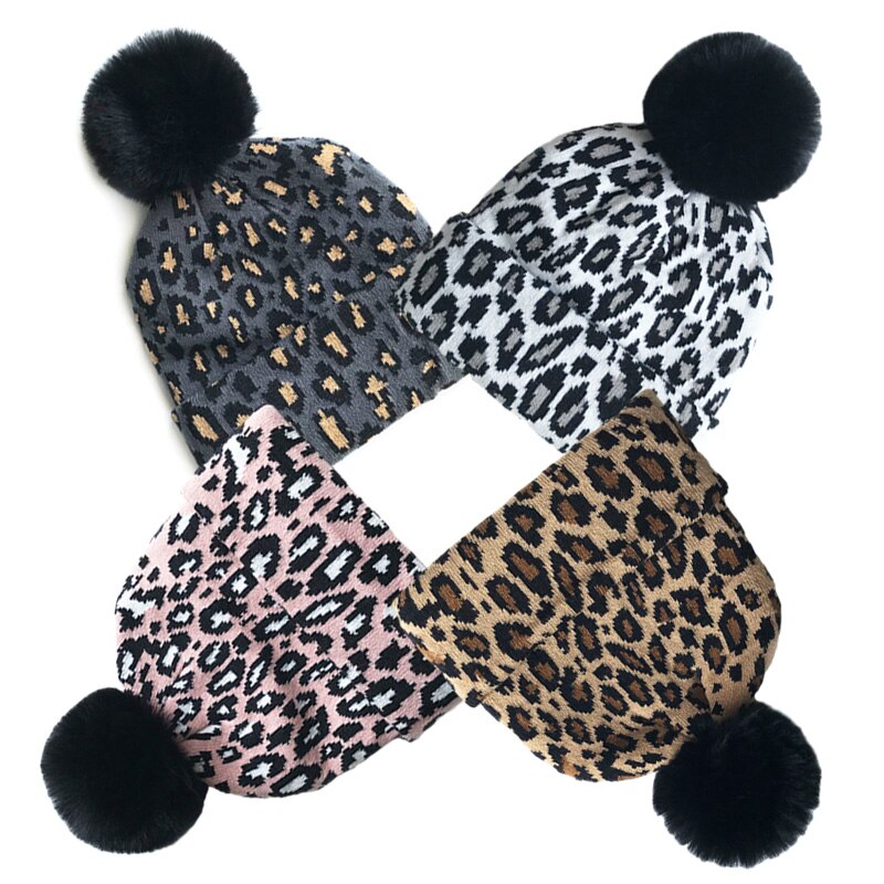 Leopard baby vintermössa för flickor pompong stickad mamma barn mössa för pojkar mössor elastisk varm beanie mössa