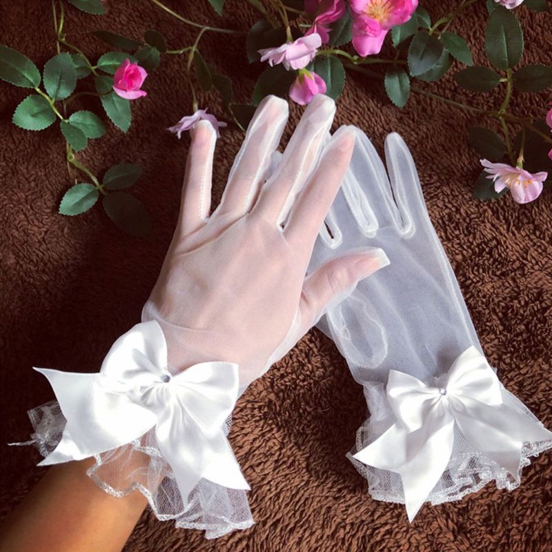 Brude handsker gaze sløjfe-knude med fingre kort hvid handske brudekjole tilbehør foto rekvisitter
