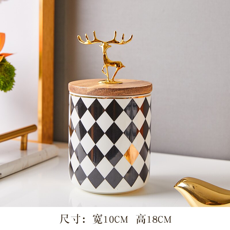 Ceramic Storage Jars Black and White Grid Porcelain Storage Jar Golden Deer Cover Tea Canister Coffee Pot Organizer: 10cm x 18cm
