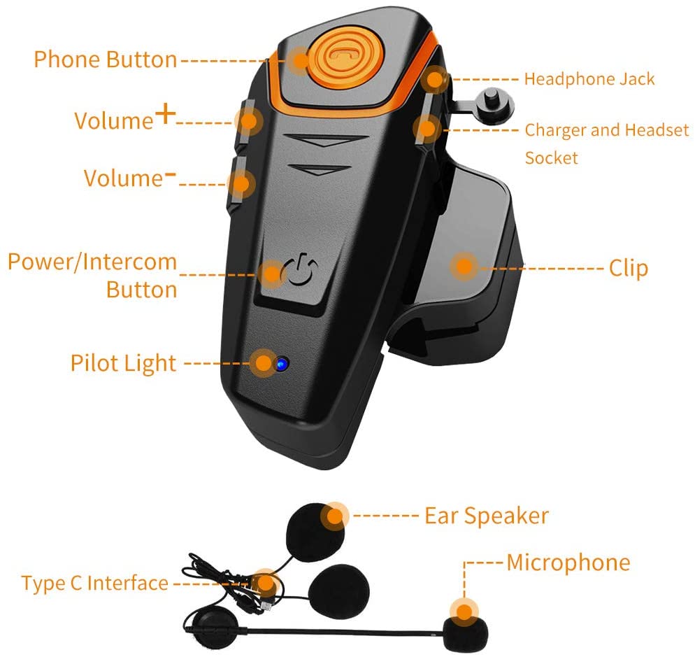 BT-S2 Motorcycle Bluetooth intercom, Snowmobile Helmet Bluetooth Headset 1000m Helmet Bluetooth Communication System