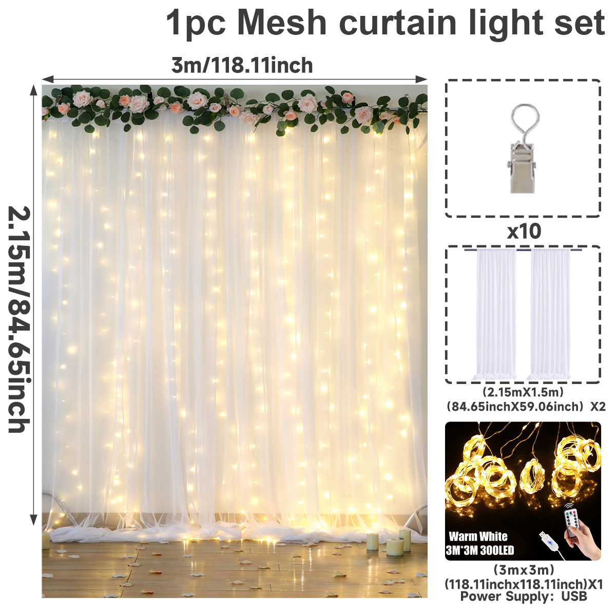 Cortinas de fondo blancas de 3x2,15 M con luces para , arco de boda, fondo fotográfico sin arrugas, decoración para de bienvenida de bebé y cumpleaños: Default Title